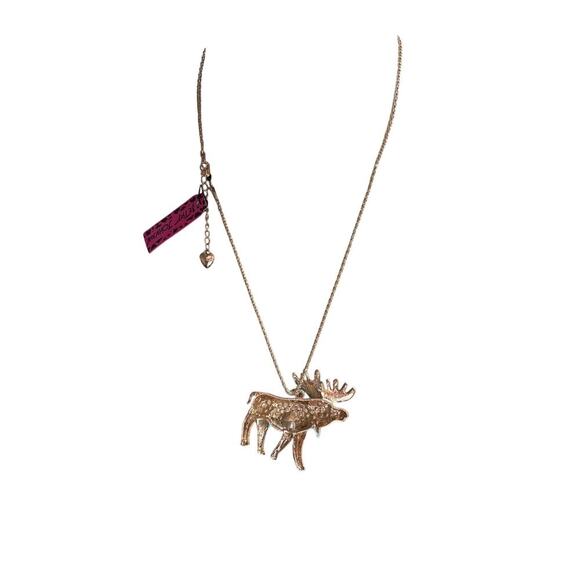 Women's Betsey Johnson Moose Necklace Blue & Gold Rhinestone Giftable NIB - Picture 2 of 3